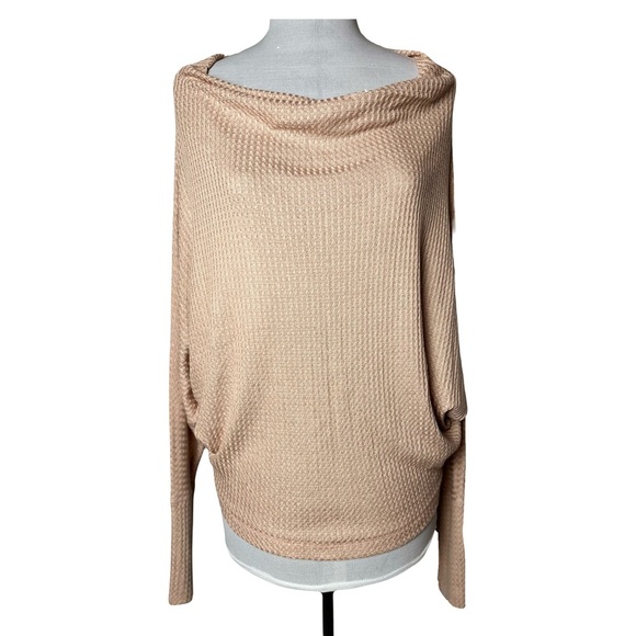 Sadie & Sage | New Tan Waffle Knit Drape Neck Dolman Sleeve Top, Medium - Picture 2 of 7